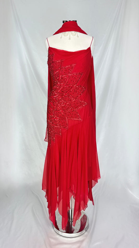 CHERRY RED EMBELLISHED STAR FLOWER SILK MIDAXI DRESS WITH MATCHING SCARF