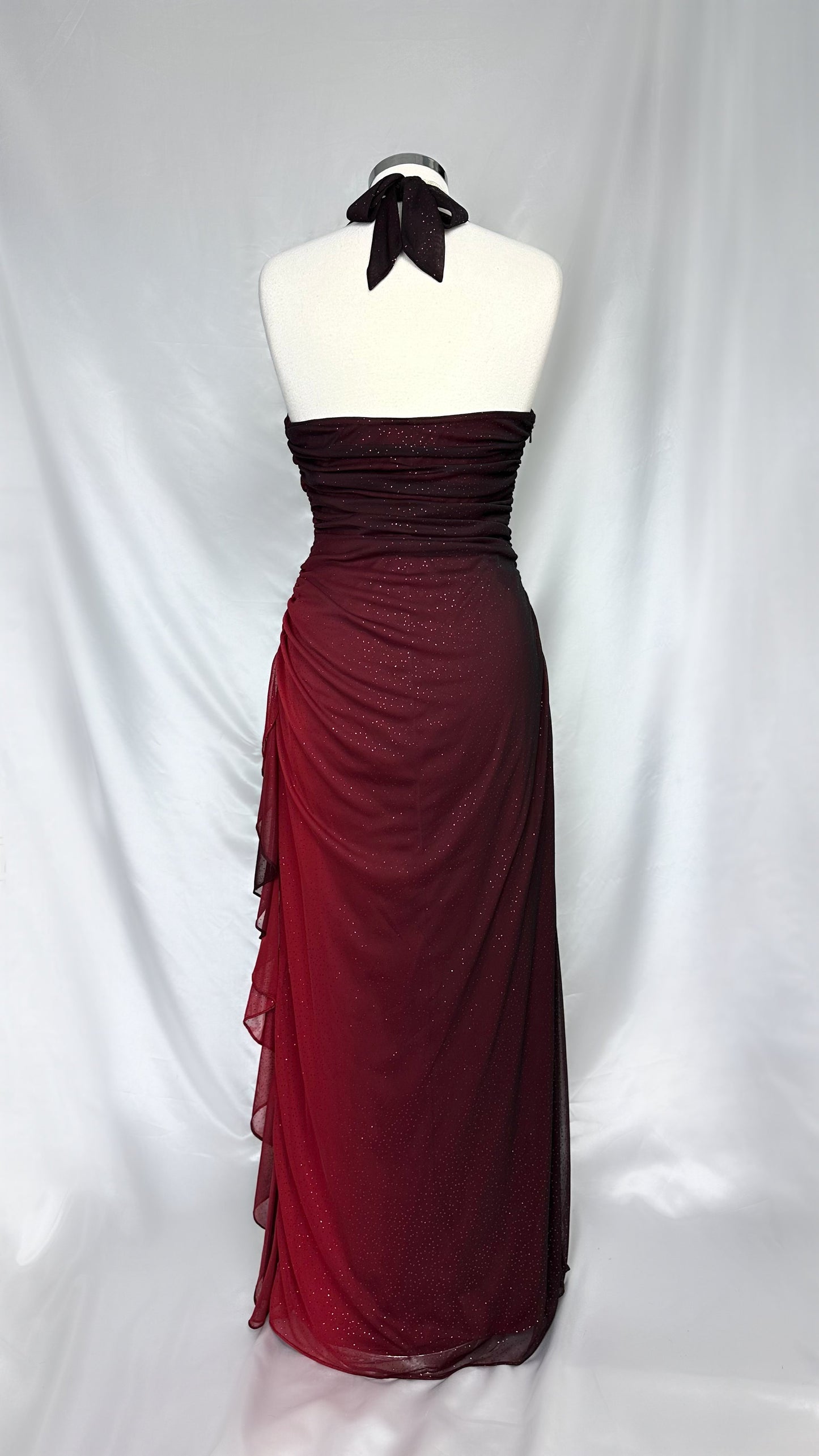 SHIMMERING GARNET OMBRÉ HALTER NECK MAXI DRESS