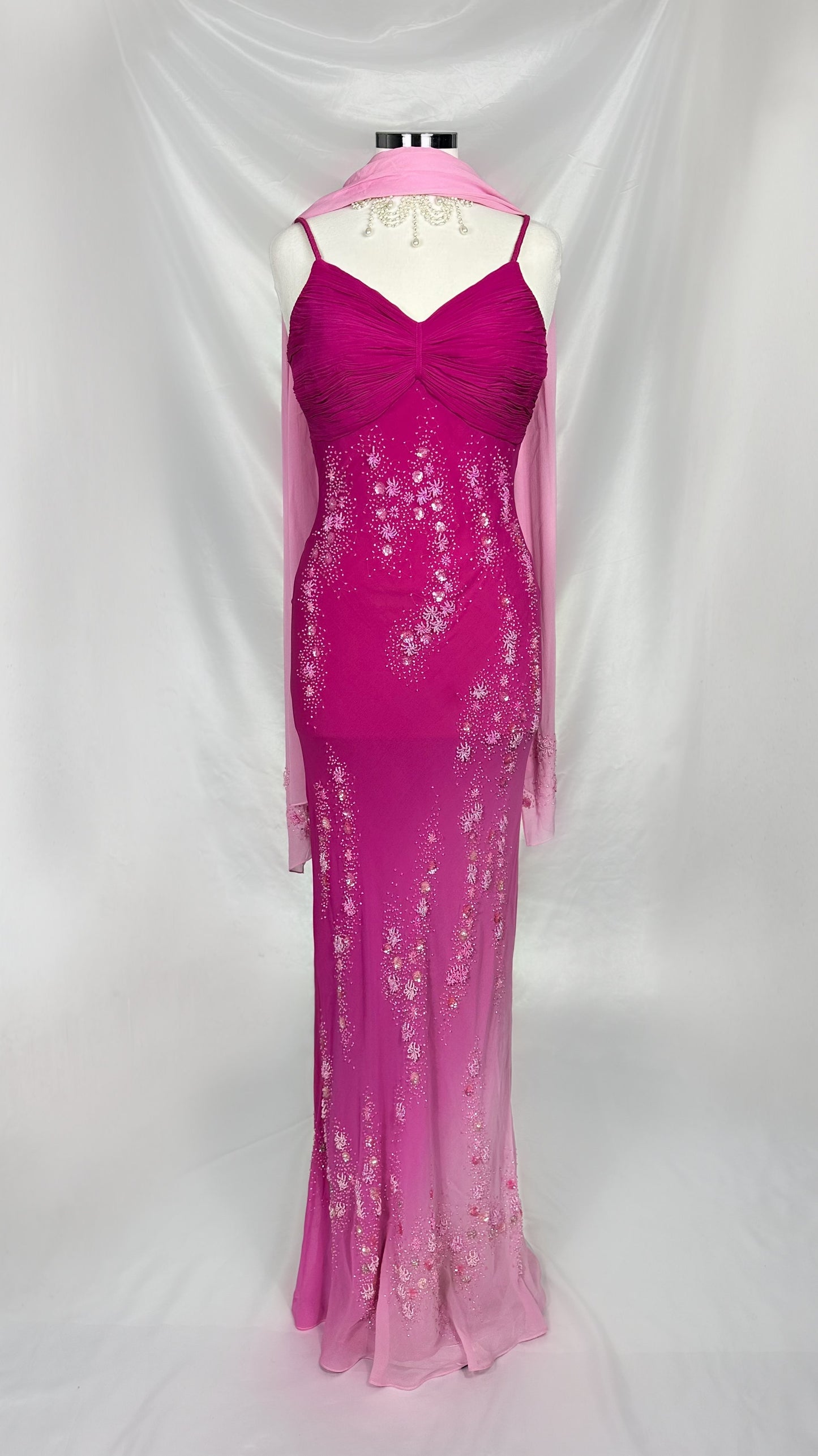 FUCHSIA BLOSSOMS EMBELLISHED SILK GOWN WITH MATCHING SCARF