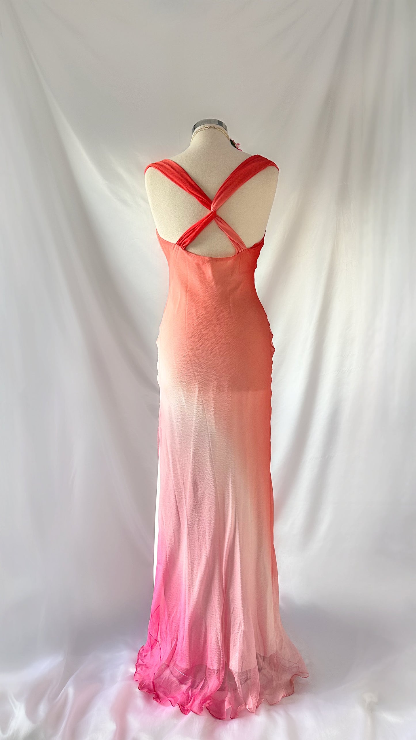 Ethereal 90s Sunset Peach Ombré Floral Silk Gown