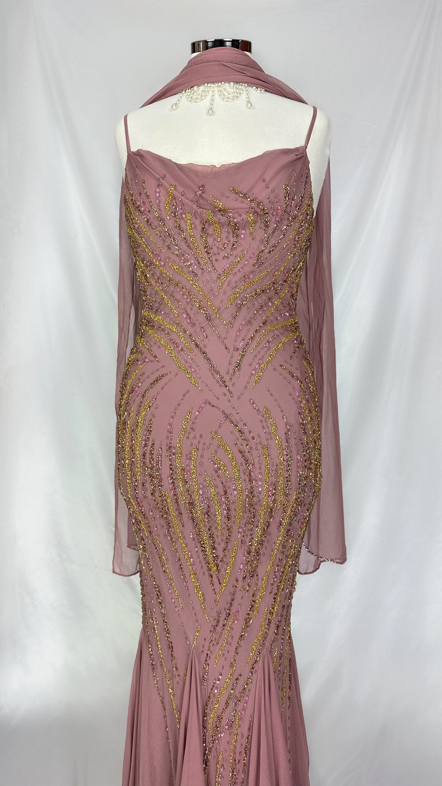 MUTED BLUSH MAUVE EMBELLISHED SILK GOWN & MATCHING SCARF SET