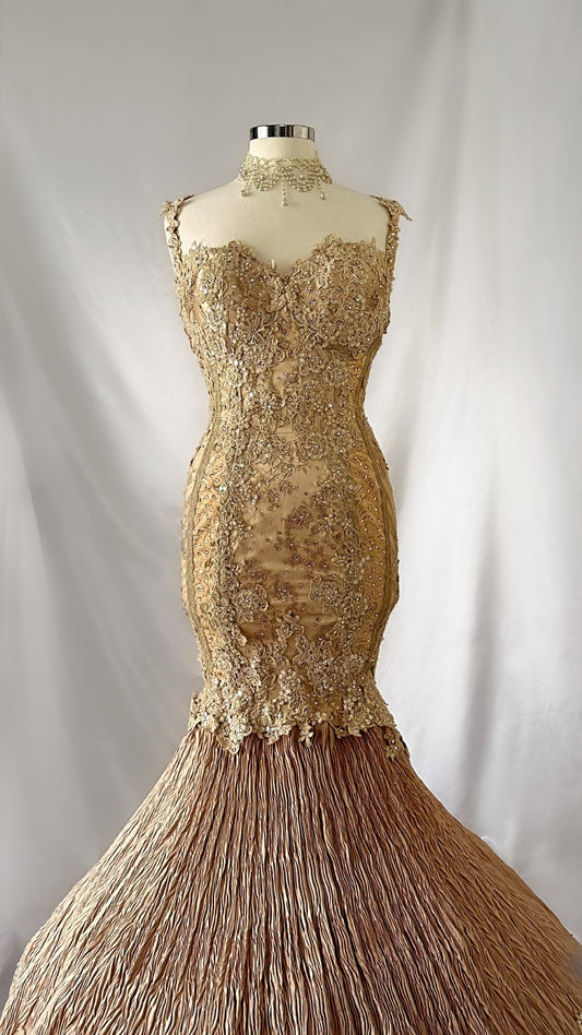 Ethereal Golden Goddess Vintage 90s Embellished Gown