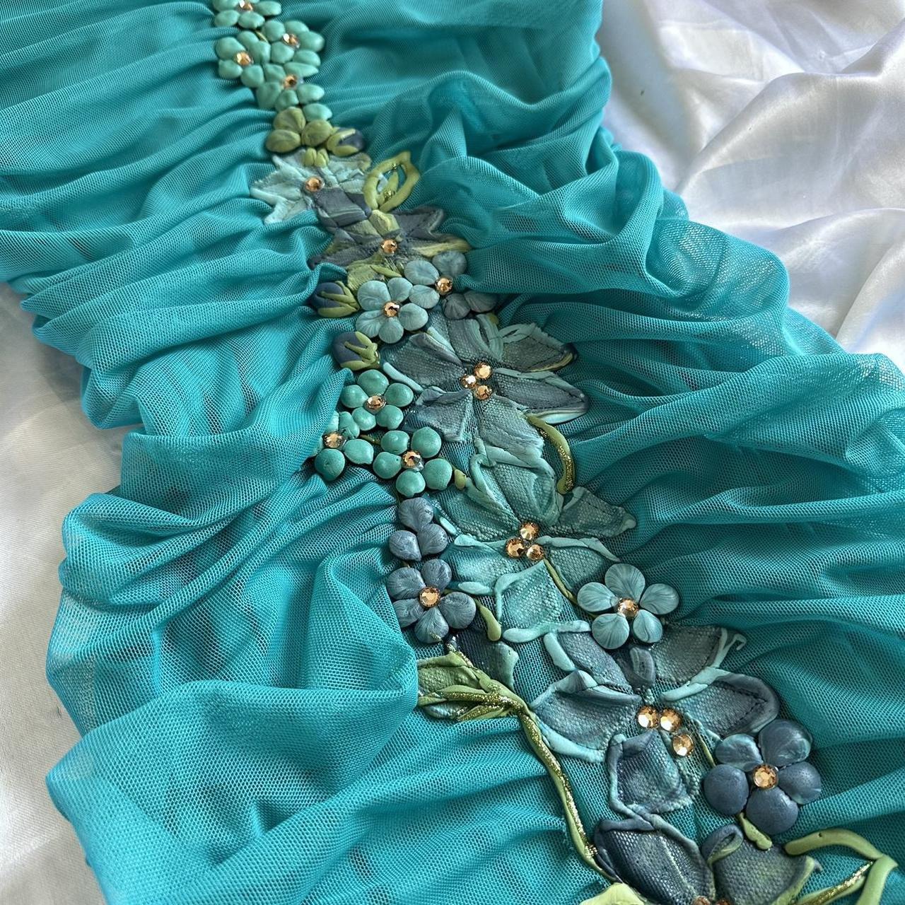 Stunning Vintage 90s Ema Savahl Turquoise Hand Painted Floral Fishtail Gown