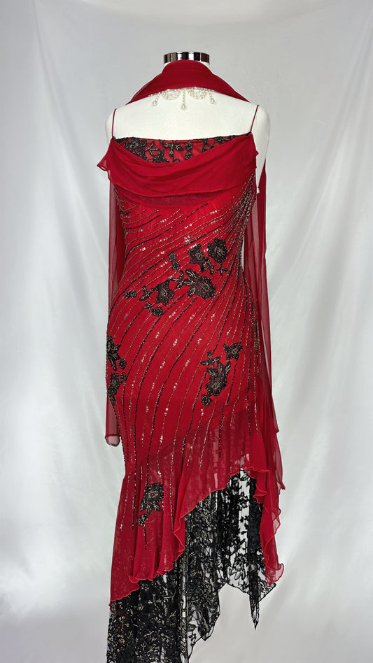 SCARLET & NOIR FLORAL EMBELLISHED SILK MIDAXI DRESS WITH MATCHING SCARF