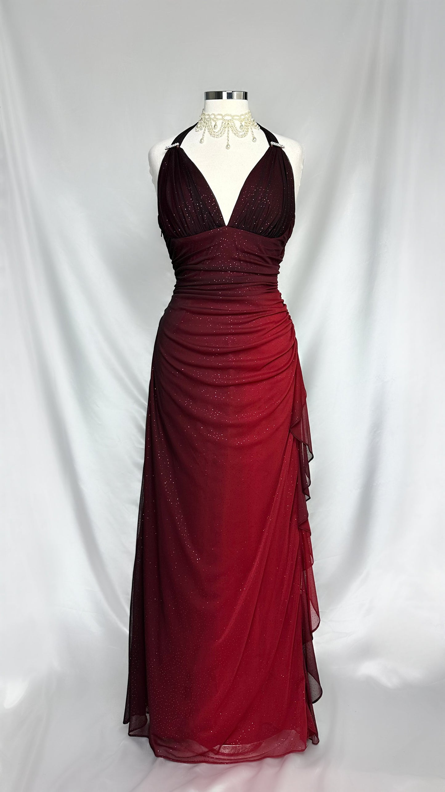 SHIMMERING GARNET OMBRÉ HALTER NECK MAXI DRESS