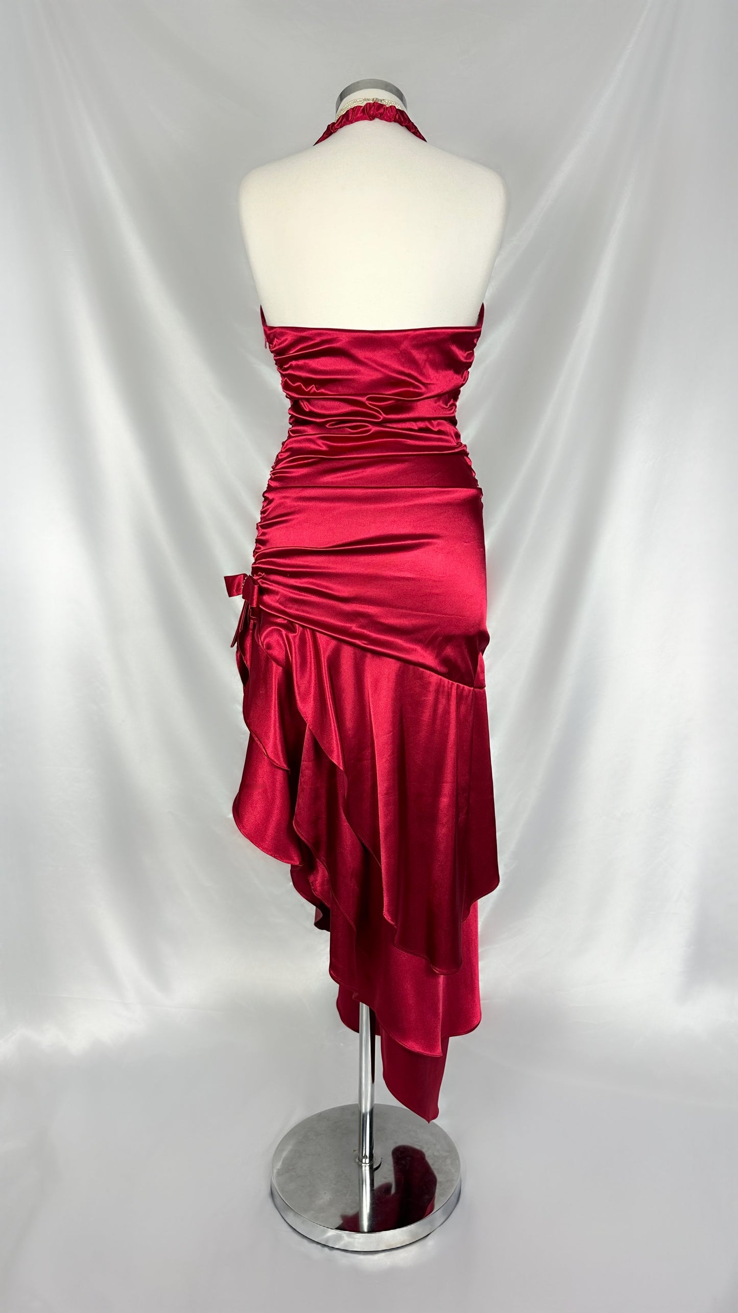 RED RUFFLE TIERED ASYMMETRICAL MIDAXI DRESS