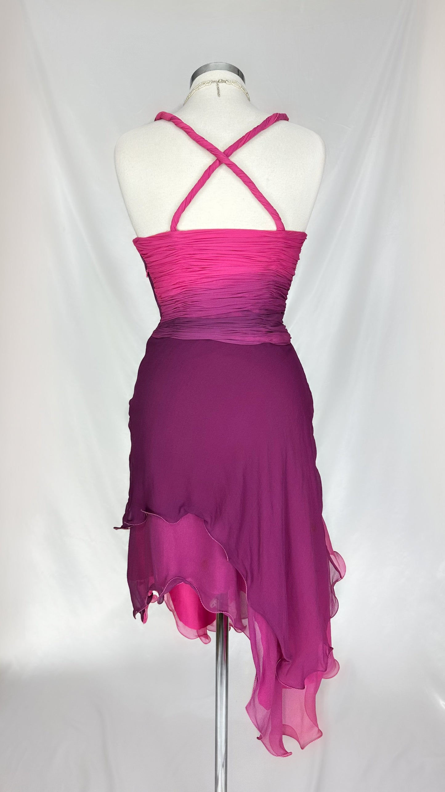 RUCHED RUFFLES PURPLE & PINK SILK MIDI DRESS