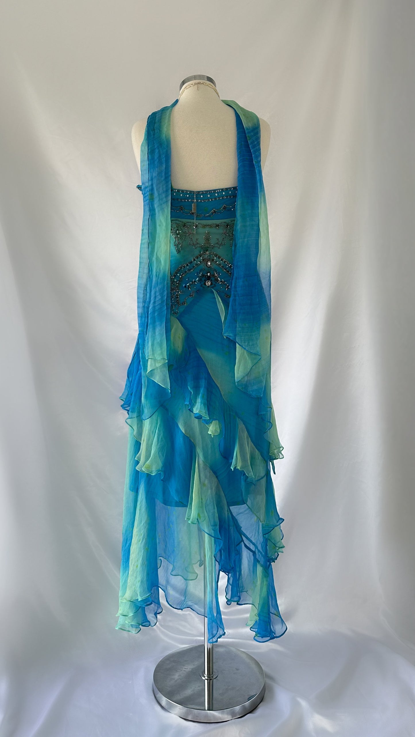 Oceana Fantasy Vintage Silk Embellished Dress & Scarf Set