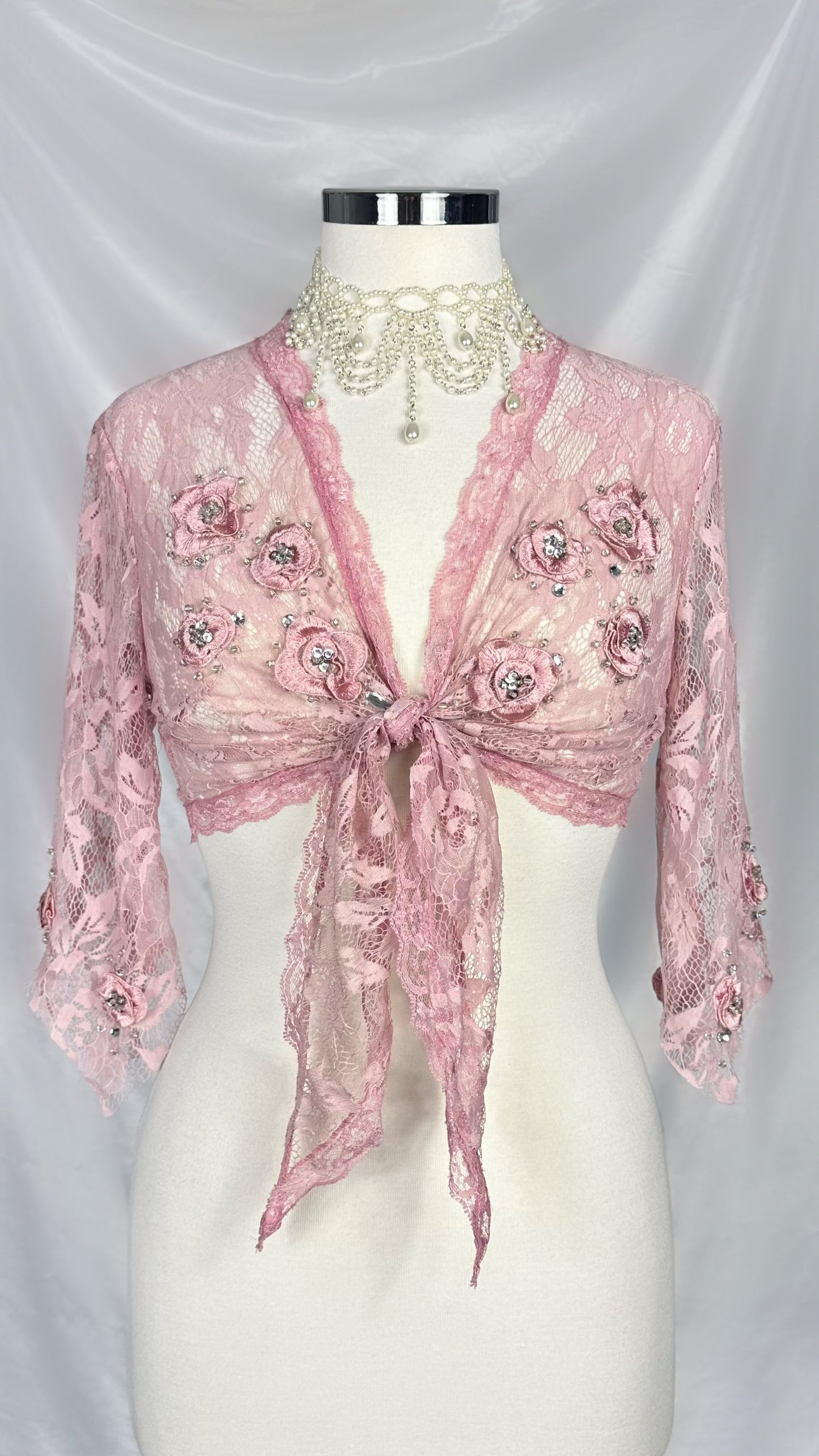 BLUSH PINK ROSE APPLIQUÉ LACE DRESS WITH MATCHING CARDIGAN