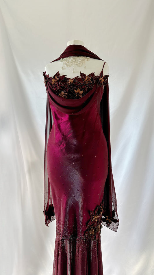 Whimsical 00s Iridescent Burgundy Floral Appliqué Maxi Dress Set