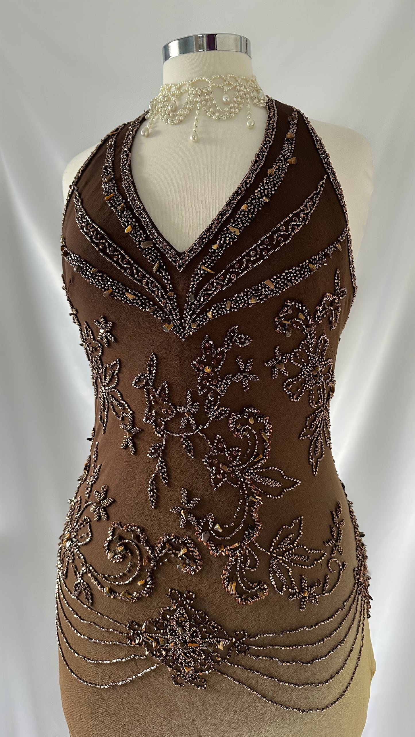 Old Hollywood Vintage Brown & Matte Gold Ombré Silk Embellished Gown