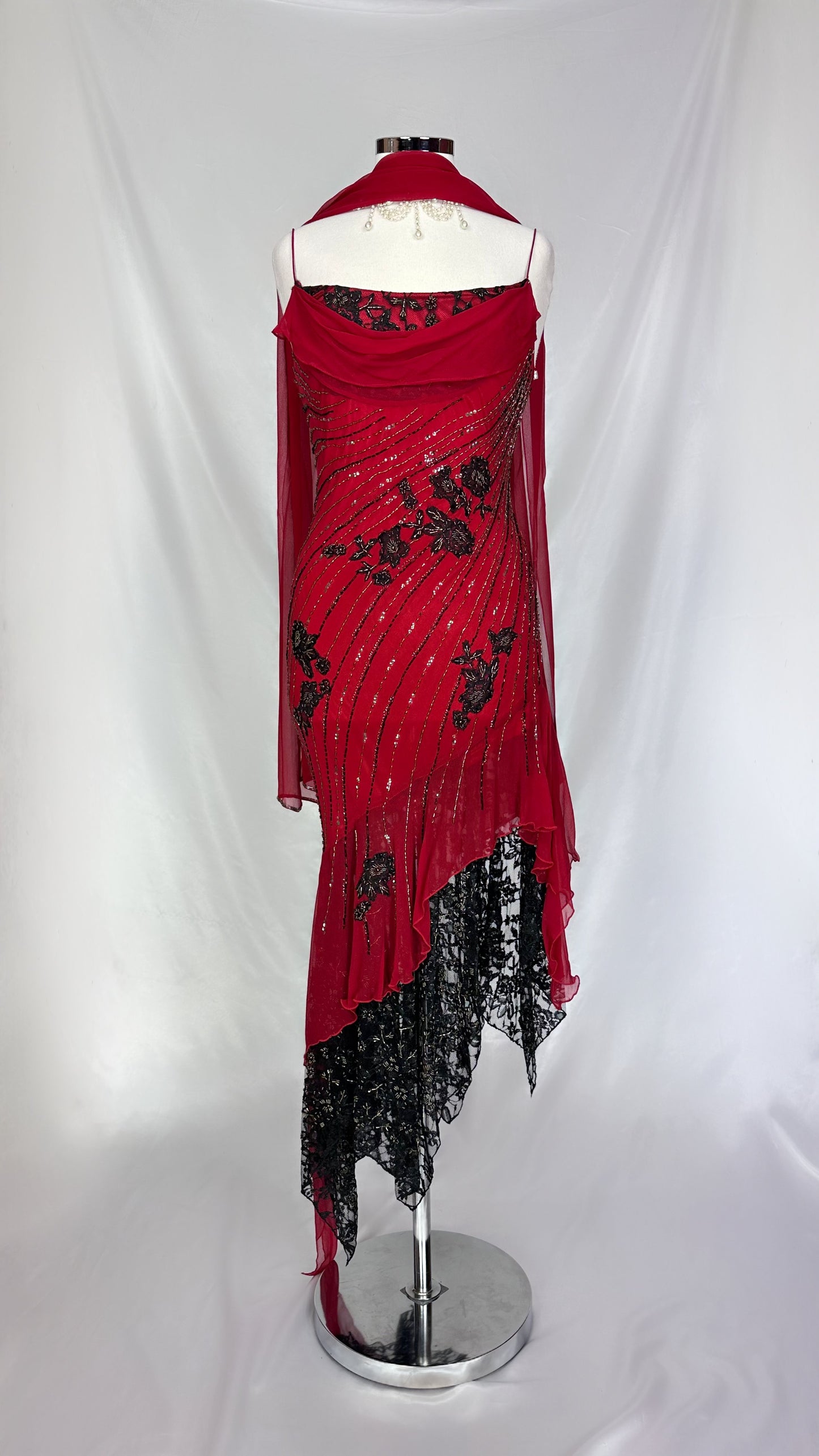 SCARLET & NOIR FLORAL EMBELLISHED SILK MIDAXI DRESS WITH MATCHING SCARF