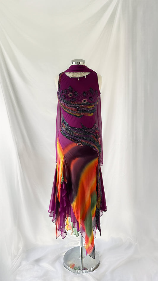 One Of A Kind Vintage 00s Purple Silk Tie Dye Abstract Dress Set
