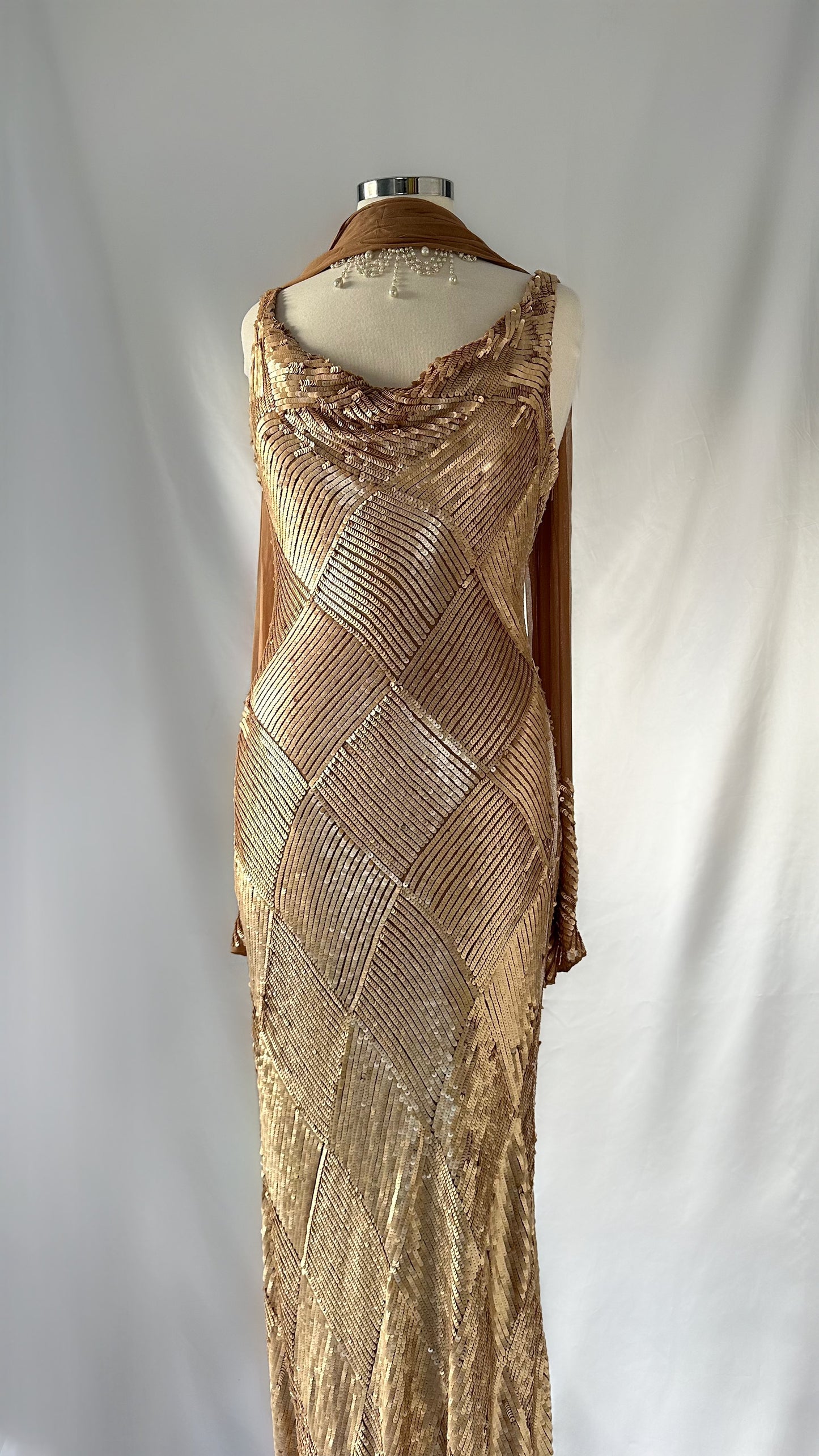 OLD HOLLYWOOD GOLD SEQUIN SILK GOWN & SCARF SET