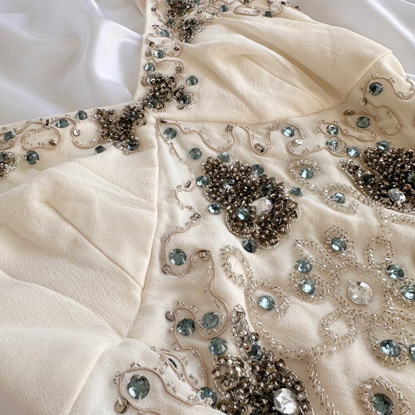 Whimsical Vintage Embellished Rhinestone Ivory Gown