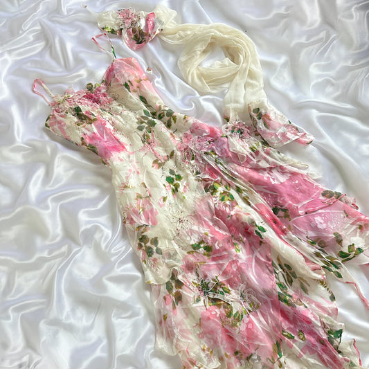 The Garden Fairy Enchantment Vintage Silk Floral Dress Set