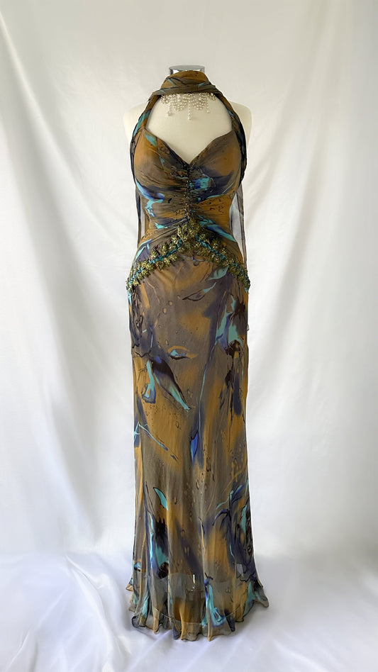 BLUE SWIRL TAUPE SILK EMBELLISHED GOWN & SCARF SET