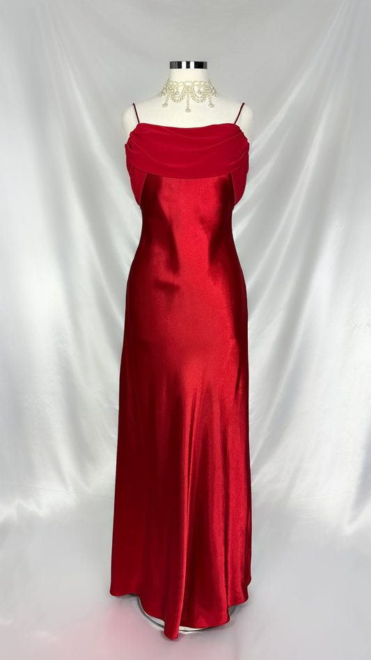 CRIMSON ELEGANCE SATIN COWL DRAPED GOWN