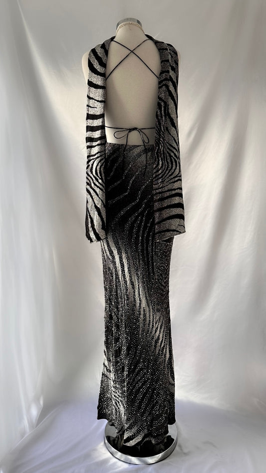 ZEBRA PRINT SILK EMBELLISHED BACKLESS GOWN & SCARF SET