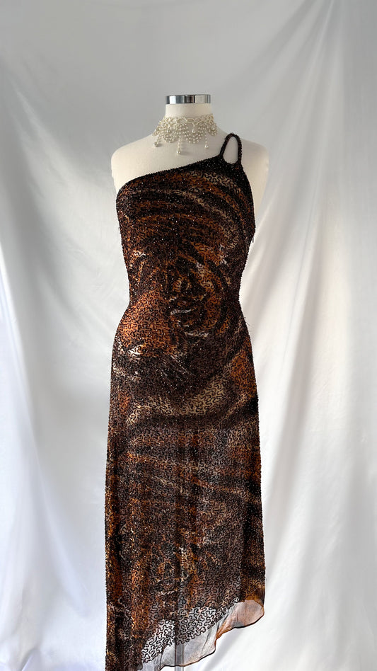 One Of A Kind 90s Highly Embellished Tiger Asymmetrical Dress