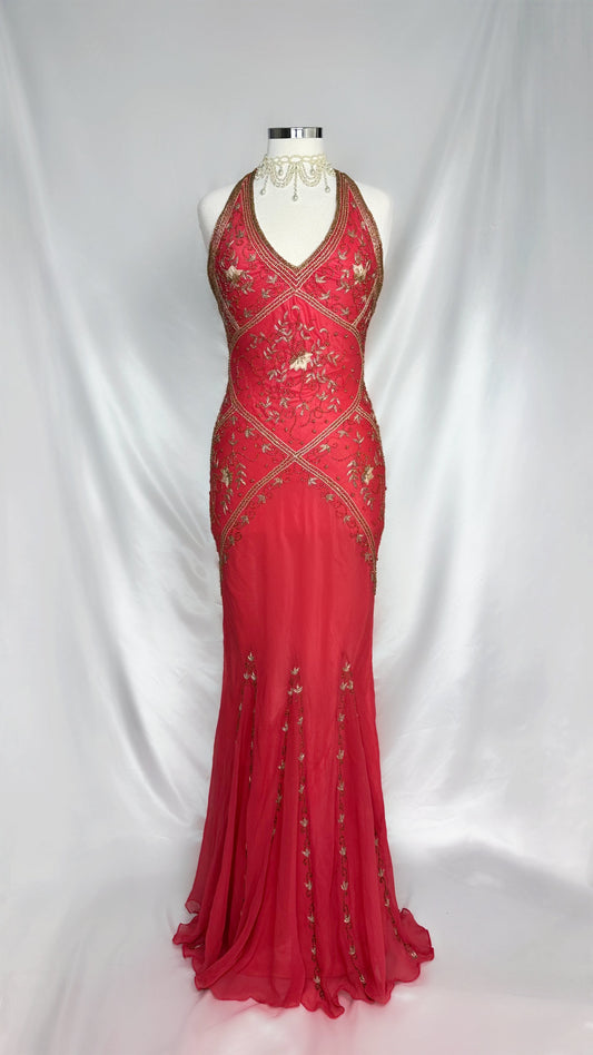 GILDED STRAWBERRY SILK EMBELLISHED BACKLESS GOWN