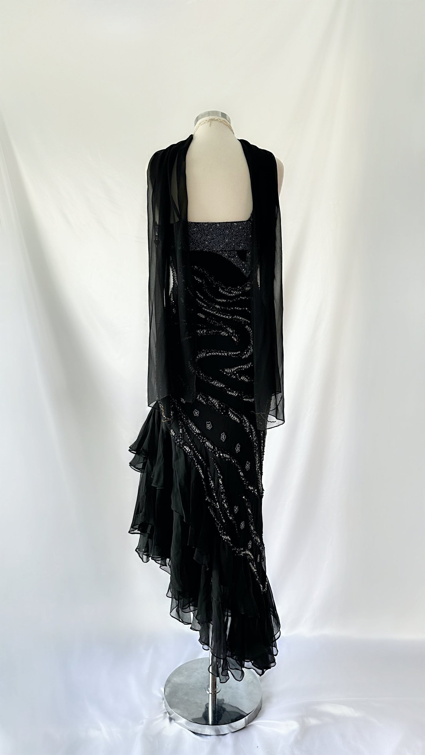 DARK RUFFLES EMBELLISHED SILK DRESS & SCARF SET